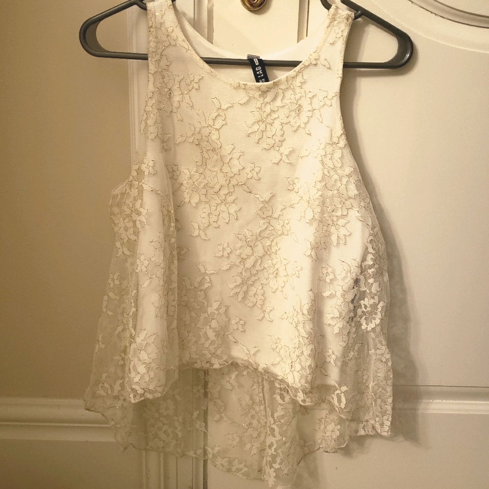 White Lace Top w/ Back Split & Gold Thread